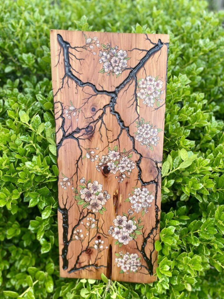 Cherry Blossoms and fractals burned into wood